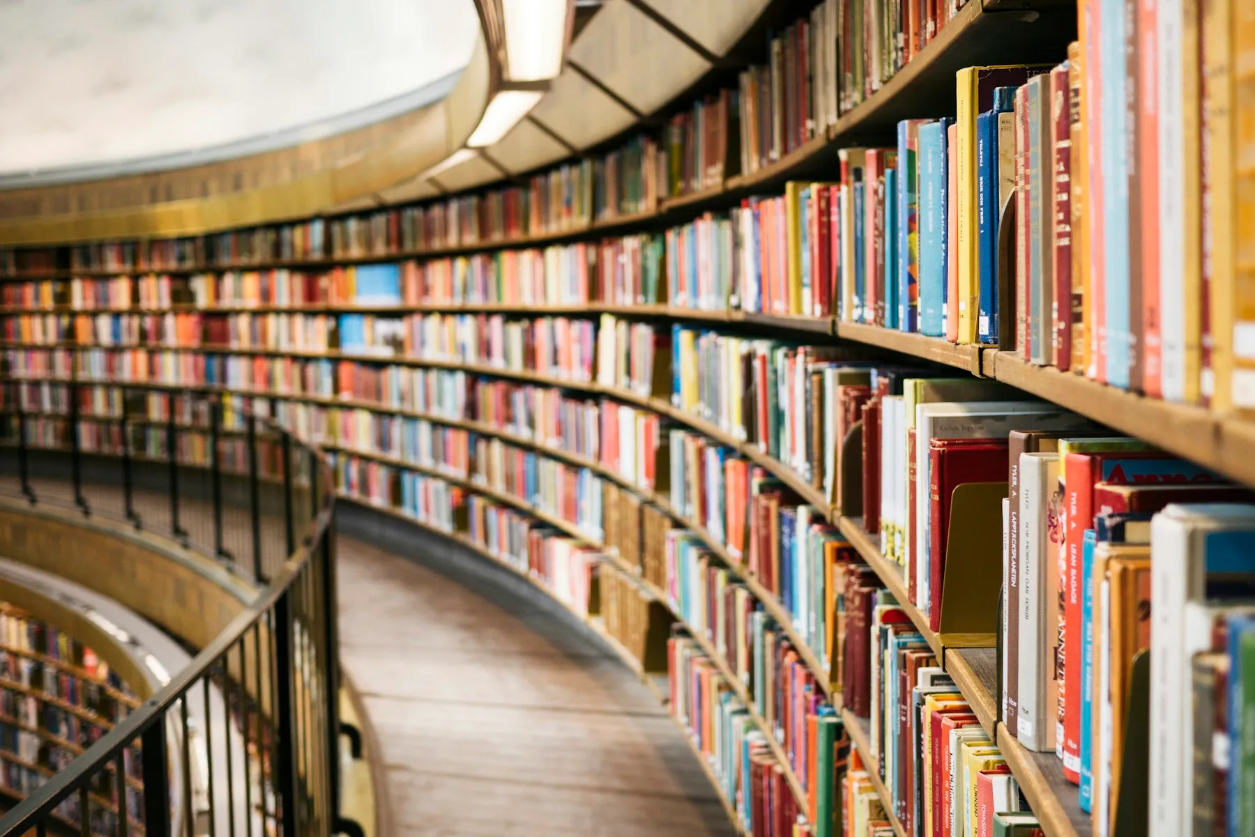 Light-filled curved bookshelves at Stockholm’s public library.